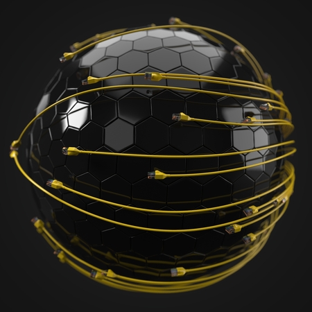 yellow internet cables covering hi-tech sphere. conceptual 3d illustration of ethernet cable and rj-45 plug.の写真素材
