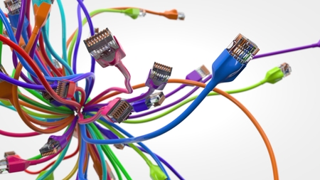 swarming internet cables. conceptual 3d illustration of ethernet cable and rj-45 plug.の写真素材