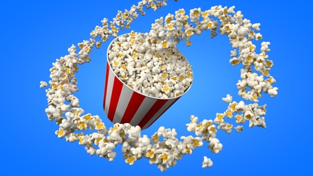 flow of popcorn filling a bucket. 3d illustrationの写真素材