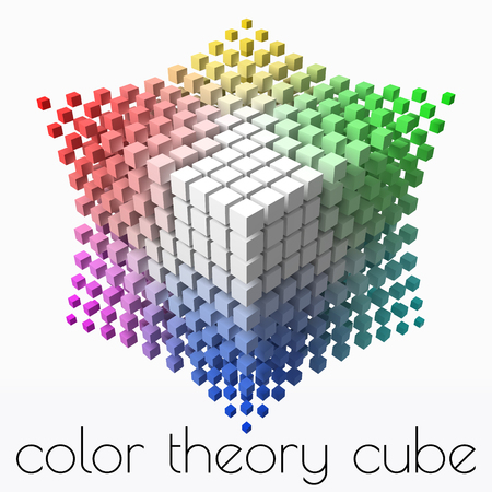 small colorful cubes builds up color theory cube. smaller cubes on corners. 3d style vector illustration.のイラスト素材