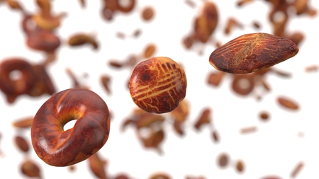 free falling pastries on white background. realistic 3d illustrationの写真素材