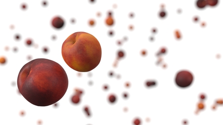 free falling peaches on white background. realistic 3d illustrationの写真素材