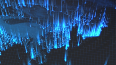glowing city and human population density areas with rising lines from them. view of asia. 3d...