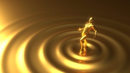 golden character rising from liquid gold. 3d illustrationの写真素材