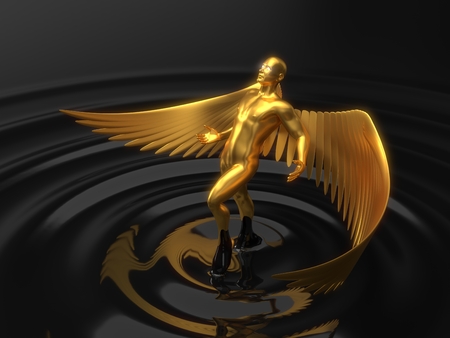 golden angelic character rising from black liquid. 3d illustrationの写真素材