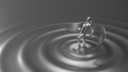 silver angelic character rising from liquid silver. 3d illustrationの写真素材