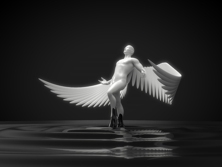 white angelic character rising from black liquid. 3d illustrationの写真素材