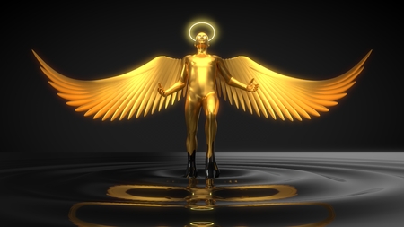 golden angelic character rising from black liquid. 3d illustrationの写真素材