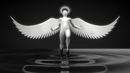 white angelic character rising from black liquid. 3d illustrationの写真素材