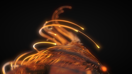 orange fiber optic strings in dark. 3d illustration