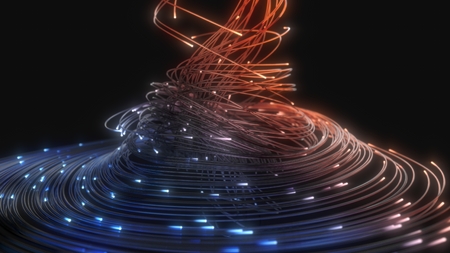 blue and orange fiber optic strings in dark. 3d illustrationの写真素材