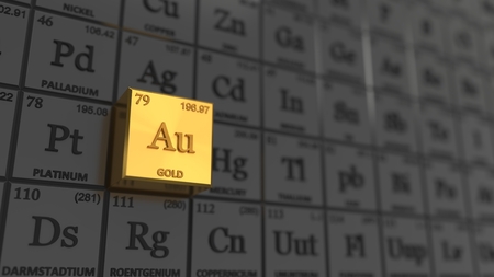 periodic table concept with black cubes. gold element selected. suitable for, physics, science, technology and education themes. 3d illustrationの写真素材