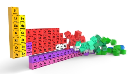 periodic table concept with falling cubes. suitable for, physics, science, technology and education themes. 3d illustration with motion blurの写真素材