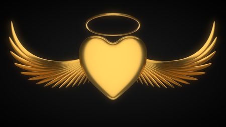 angelic golden heart for valentines day. 3d illustrationの写真素材