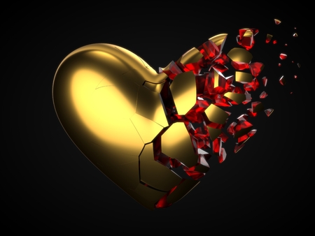 fracturing and dissolving golden heart with red cyrstal inside for valentines day. 3d illustrationの写真素材