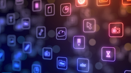 flow of smartphone app icons. neon style glowing icons. 3d illustrationの写真素材