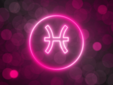 glowing neon sign of Pisces with blurred bokeh background. 3d illustrationの写真素材