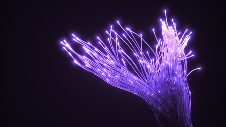 purple fiber optic glass strings glowing in dark. 3d illustrationの写真素材