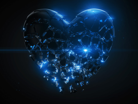 fracturing and dissolving dark heart with blue cyrstal inside. concept for valentines day. 3d illustrationの写真素材