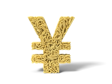 noodle in shape of yuan symbol. curly spaghetti for cooking. 3d illustrationの写真素材