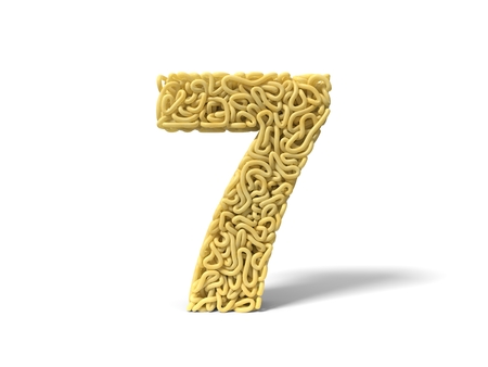 noodle in shape of number 7. curly spaghetti for cooking. 3d illustrationの写真素材