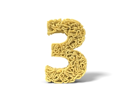 noodle in shape of number 3. curly spaghetti for cooking. 3d illustrationの写真素材