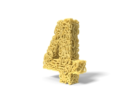 noodle in shape of number 4. curly spaghetti for cooking. 3d illustrationの写真素材
