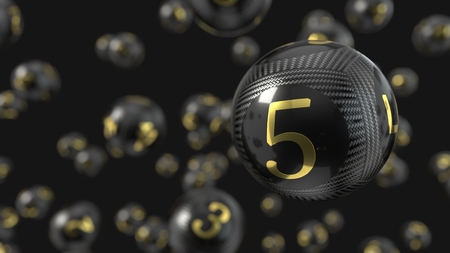 Carbon fiber lottery balls with golden numbers. 3d illustration