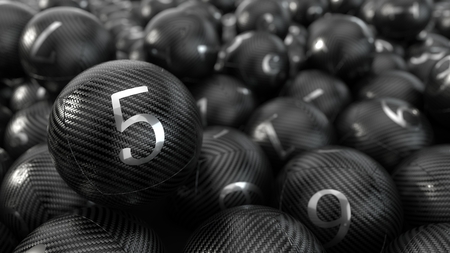 Carbon fiber lottery balls with metal numbers. 3d illustration