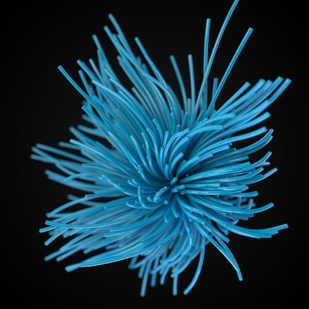 blue strings flowing on air. 3d illustration with black backgroundの写真素材