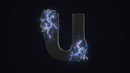 strangely cracked U letter. technological and mystical look with glowing inside details. suitable for technology and alphabetical themes. 3d illustrationの写真素材