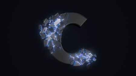 strangely cracked C letter. technological and mystical look with glowing inside details. suitable for technology and alphabetical themes. 3d illustrationの写真素材