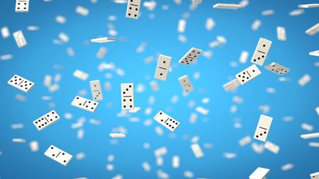 domino chips on blue background. white chips with black dots. 3d illustrationの写真素材