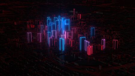 digital city with red and blue glowing edges. suitable for technology, future and virtual reality...