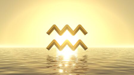 heavenly sunrise on golden sea with sign of aqua on front of sun. suitable for zodiac, sea and religious themes. 3d illustrationの写真素材