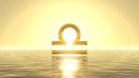 heavenly sunrise on golden sea with sign of libra on front of sun. suitable for zodiac, sea and religious themes. 3d illustrationの写真素材