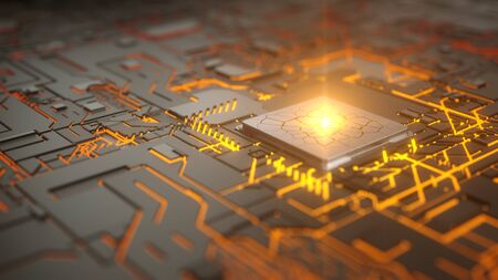 cpu concept with glowing abstract lines and light beam on processor. suitable for computer, technology and futuristic themes. 3D illustrationの写真素材