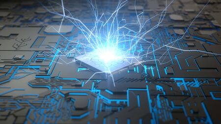 cpu concept with electric arcs and light beam on processor. suitable for computer, technology and futuristic themes. 3D illustrationの写真素材