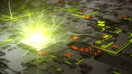 cpu concept with green electric arcs and light beam on processor. suitable for computer, technology and futuristic themes. 3D illustrationの写真素材