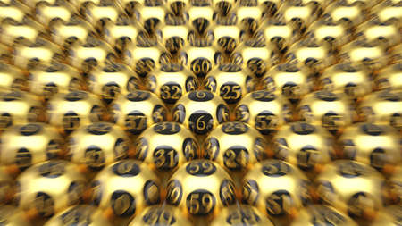 zoom to golden lottery balls. 3d illustration, suitable for lottery, bingo and luck themes.