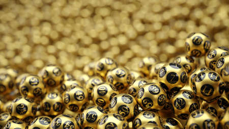 golden lottery balls covered ground with bokeh on background. 3D illustration with copy space. suitable for lottery, bingo and luck themes.の写真素材
