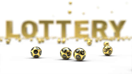 golden lottery balls with text on background. 3D illustration. suitable for lottery, bingo and luck themes.の写真素材