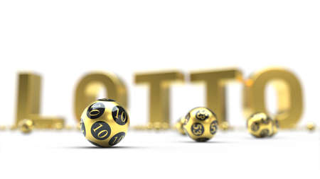 golden lottery balls with text on background. 3D illustration. suitable for lottery, bingo and luck themes.の写真素材