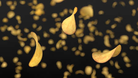 Crunchy potato chips rain. Suitable for chips, snack and fast food themes. 3D illustration with black backgroundの写真素材