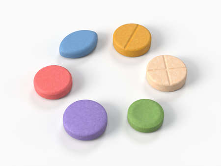 circular shaped colorful pills. 3d illustration isolated on white. suitable for medicine, healthcare...