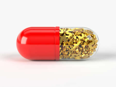 capsule with dollars inside. 3D illustration isolated on white. suitable for medicine, finance and economy themes.の写真素材