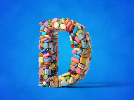 different pills stack in shape of letter D. suitable for medicine, healthcare and science themes. 3D...
