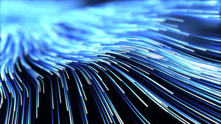 wave of high speed data particle trails. 3D illustration with depth of field blur effect. suitable for big data, technology, networl and futuristic themes.の写真素材
