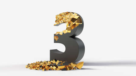 damaged black number 3 reveals gold inside. 3d illustration, suitable for typewriting, letter, and alphabet themes.の写真素材