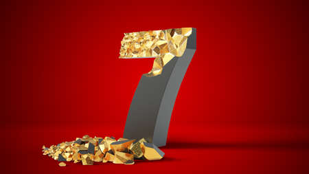 damaged black number 7 reveals gold inside. 3d illustration, suitable for typewriting, letter, and alphabet themes.の写真素材
